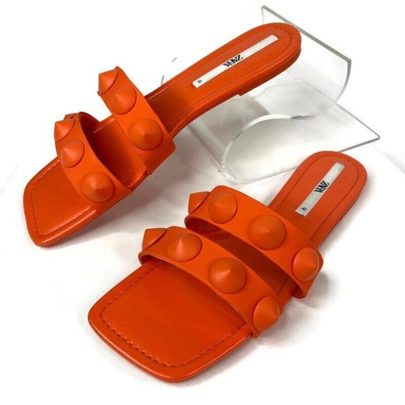 ZARA Womens Orange Flat Slide Sandal Rubberized Spike Studded Two-Strap 41
